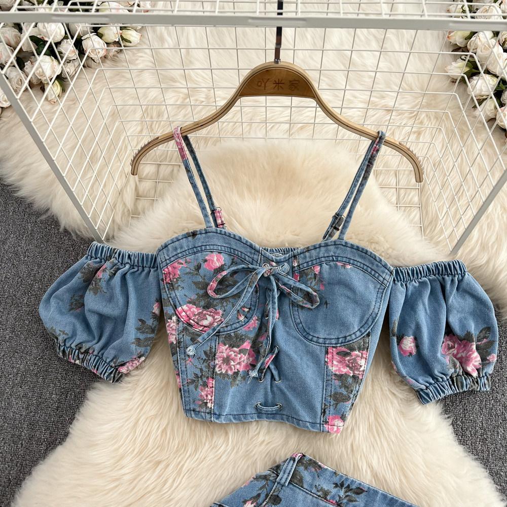 Denim Suspender Top Two-Piece Set High-Waist Asymmetrical Slit Skirt