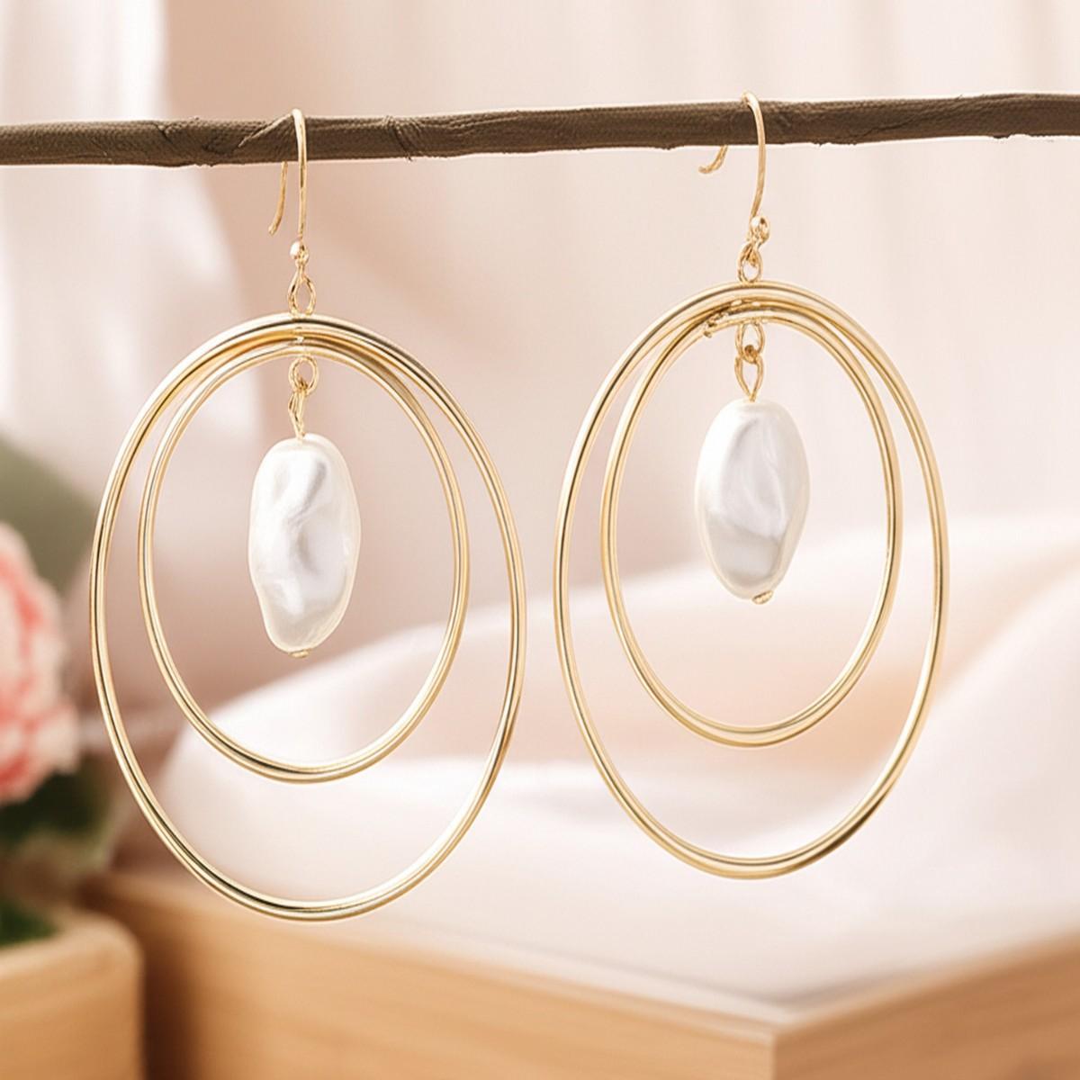 Elegant Lady-style Geometric Round Earrings With A High-end, Personalized Pearl Design