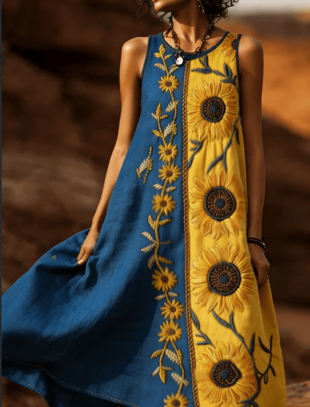 Women's Bohemian Retro Floral Print Round Neck Sleeveless Loose Long Dress
