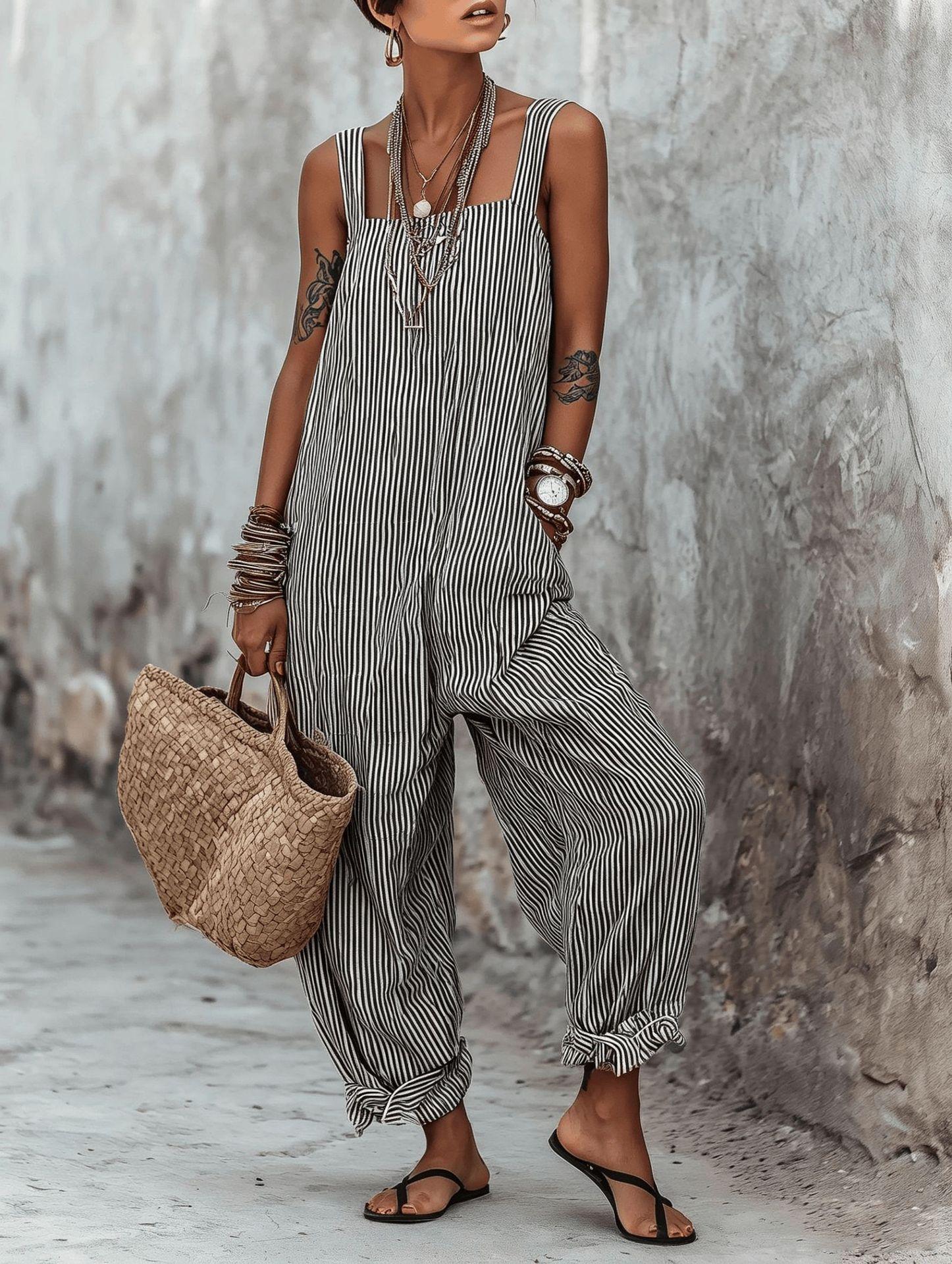 Striped Printed Loose Casual Jumpsuit For Women