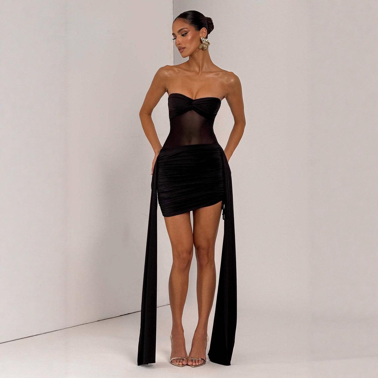 Elegant Sexy Mesh Stitching Pleated Slit Hemline Style Dress
