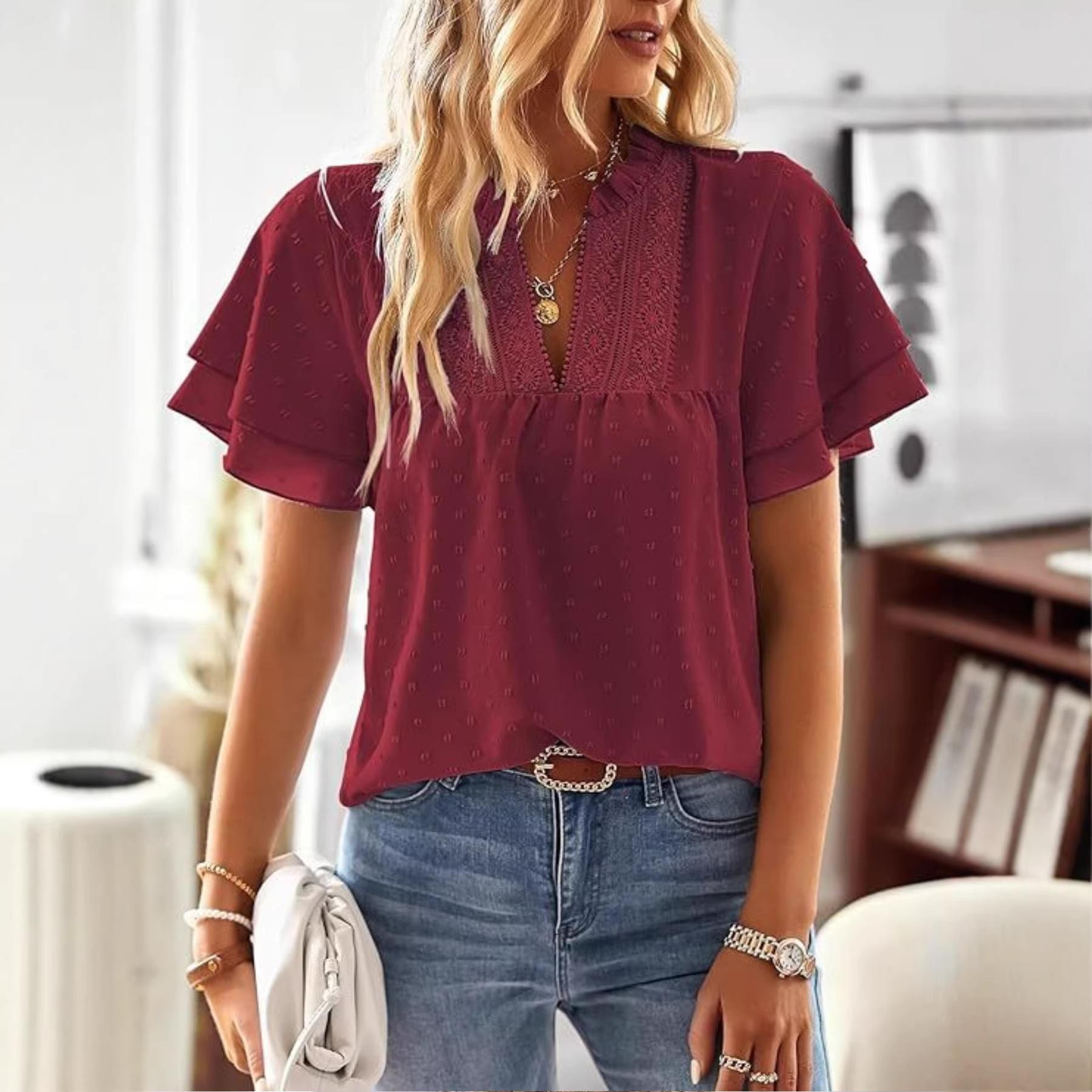 European And American Elegant Resort Style Deep V-Lace Short-Sleeve