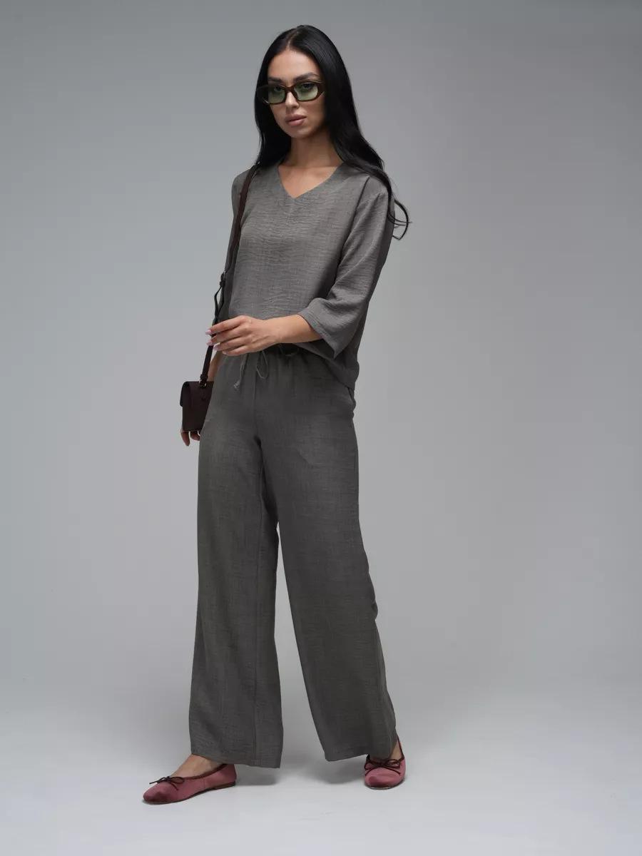 Womens Casual Two-Piece Set Fashionable Solid-Color Loose Cropped-Sleeve Wide-Leg Pants Suit