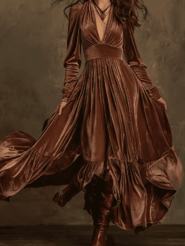 Velvet Fitted Waist Full Skirt Casual Long Sleeve Dress