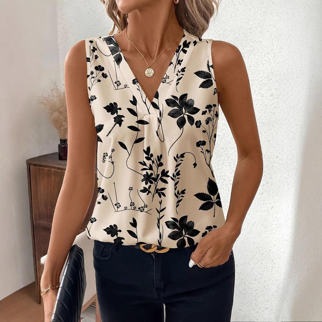Women's Casual Floral Print Sleeveless V-neck Vest Tops