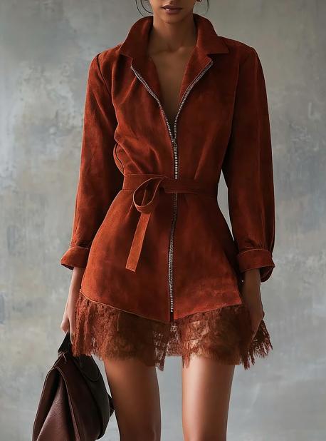 Lace-paneled Waist-cinching Zippered Denim Dress