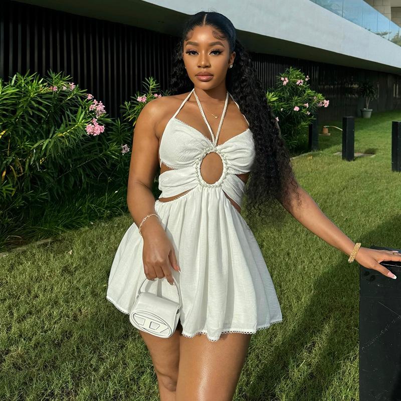 Halter Tether Beaded High Waist Dress