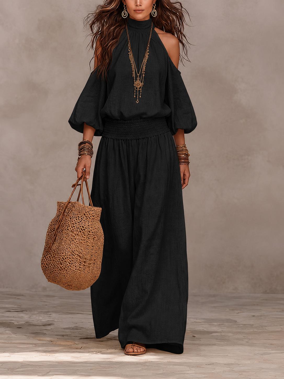 Womens Fashionable Casual Round-Neck Loose-Fit Long-Sleeve Hollow-Out Top And Pleated Pants Set