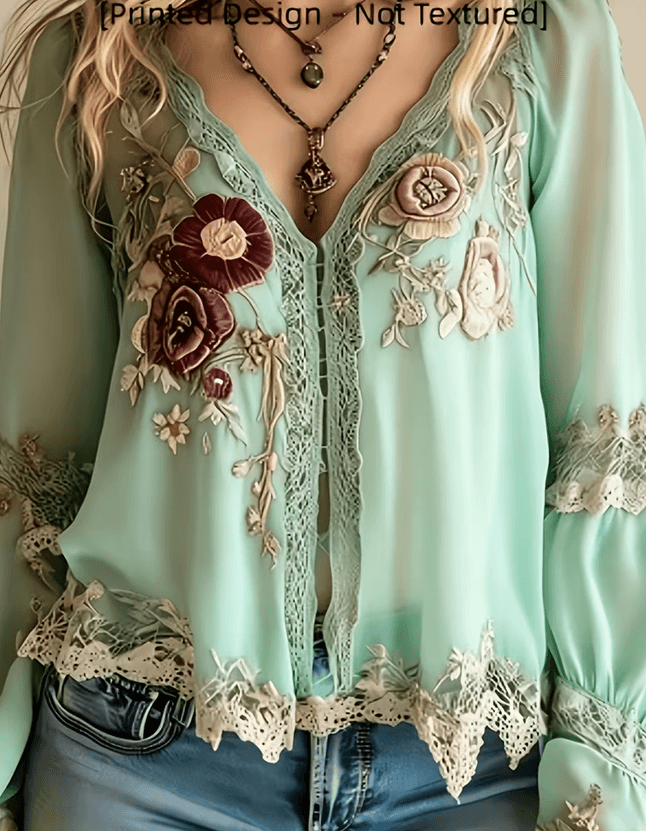 Floral Embroidered Lace Casual V-neck Long-sleeved Top