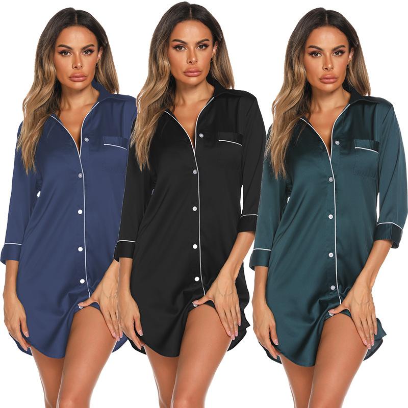 Simulation Silk Mid-length Nightdress Loose-fitting Suitable For Both Lounging At Home And Stepping Out