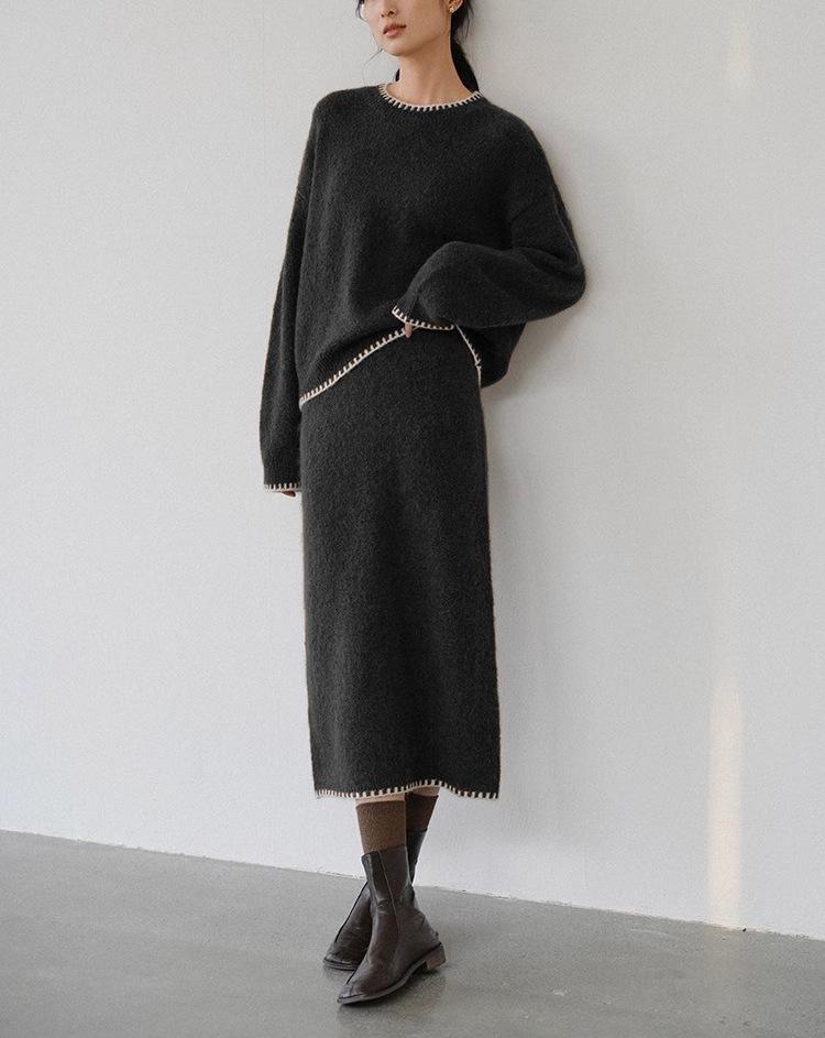 Round Neck Contrasting Edge Knitted Skirt Set