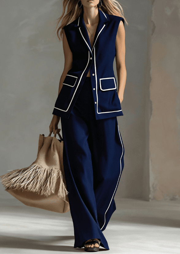 Minimalist Sleeveless Vest With Trim  Side Striped Wide Leg Pants An Elegant Two Piece Set.