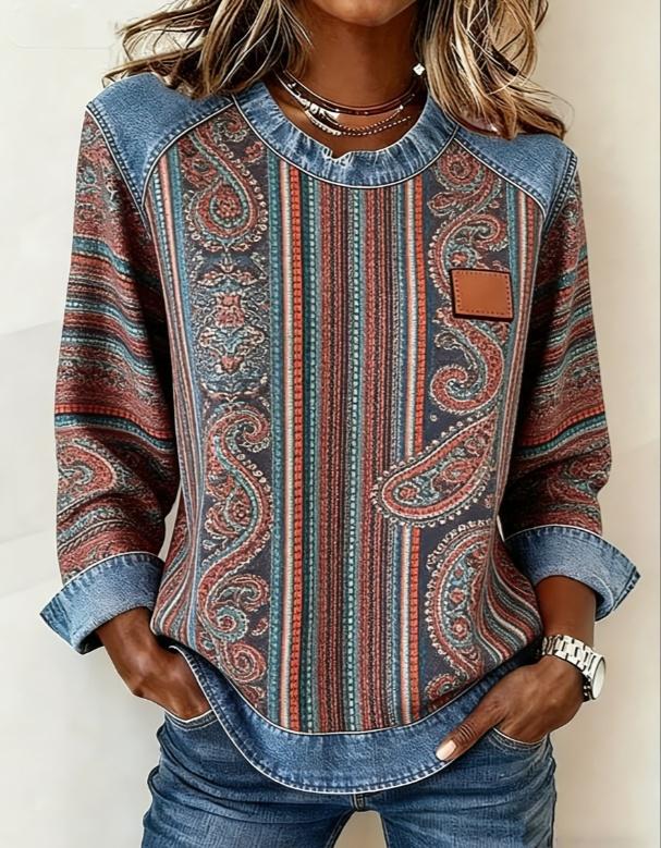 Casual Round Neck Color-blocked Printed Long-sleeved Loose Top