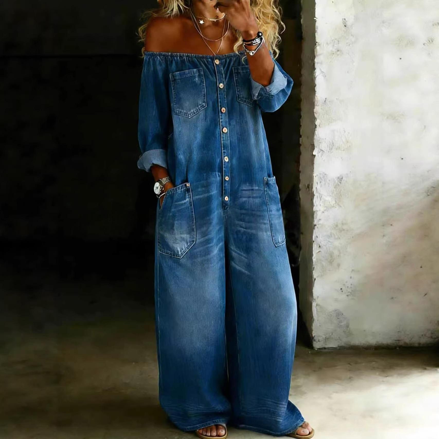 Denim Off-shoulder Pocket Jumpsuit