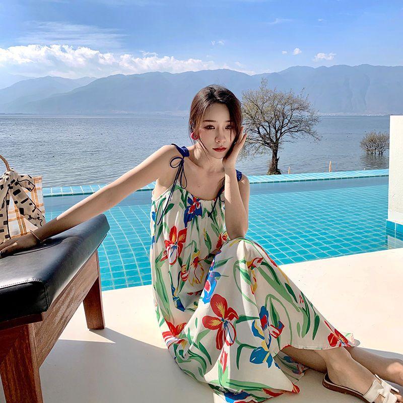 Printing Slip Dress Seaside Vacation Beach Women