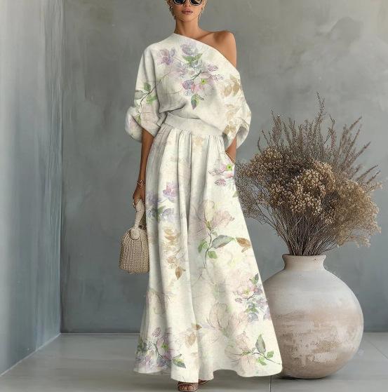Printed Off-Shoulder Top And Pants Two-Piece Set