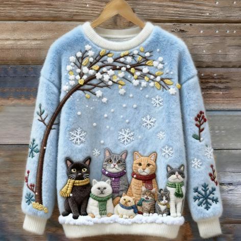Womens Printed Cat Christmas Crew-Neck Sweatshirt Top