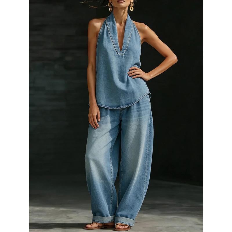 Womens Distressed Bleached Denim Set With A Natural Vibe