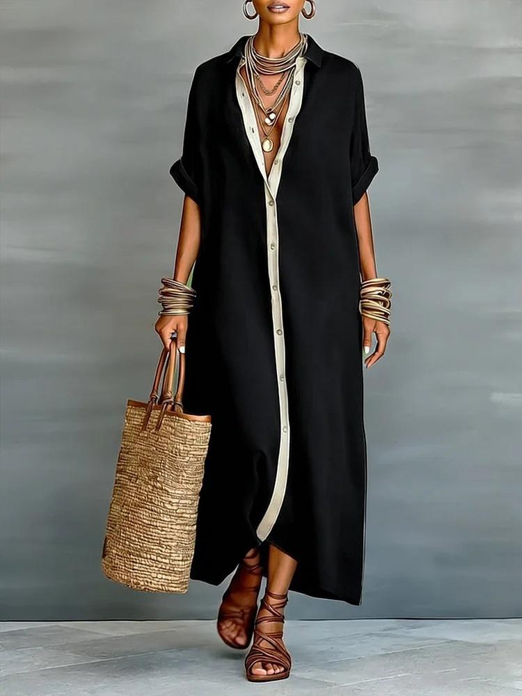 Women's Oversized Shirt Dress, Contrast Trim Rolled Sleeve Button Down Maxi Dress For Spring Summer