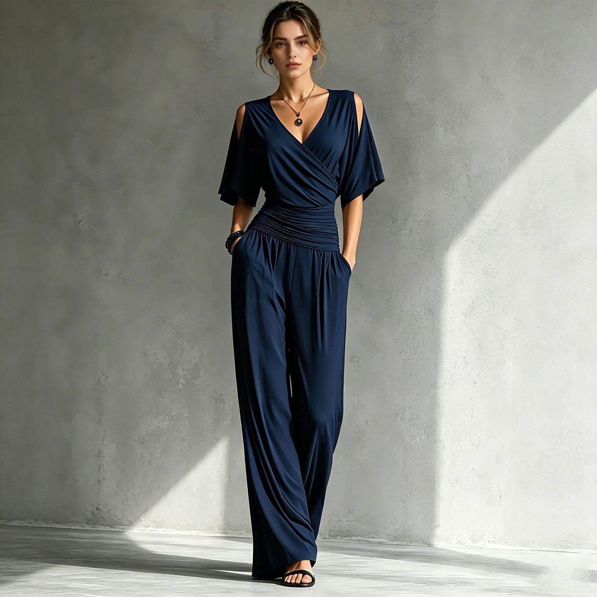 Stylish Elegant Off-Shoulder V-Neck Slim-Fit Jumpsuit For Women