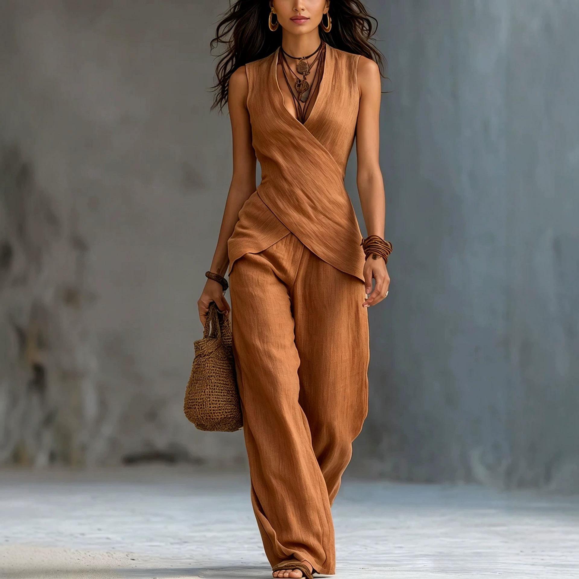 V-neck Crossover Top With Simple Casual Trousers