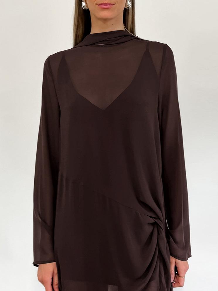 Mesh Sheer Round Neck Long Sleeve Tie Bow Slit Dress