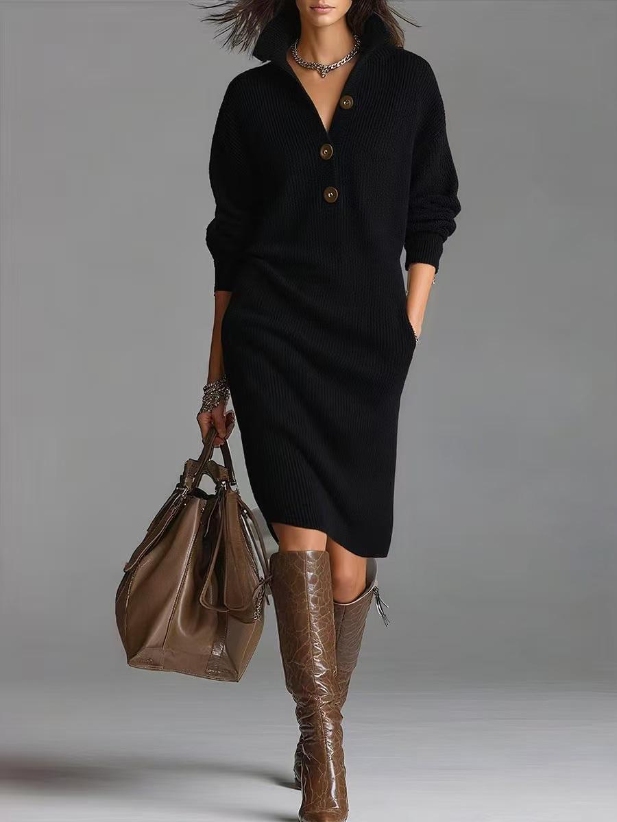Long-sleeved Sweater Dress Fashion Warm Stand-up Collar V-neck Button Pullover Dresses Winter Casual Commuting Women's Clothing