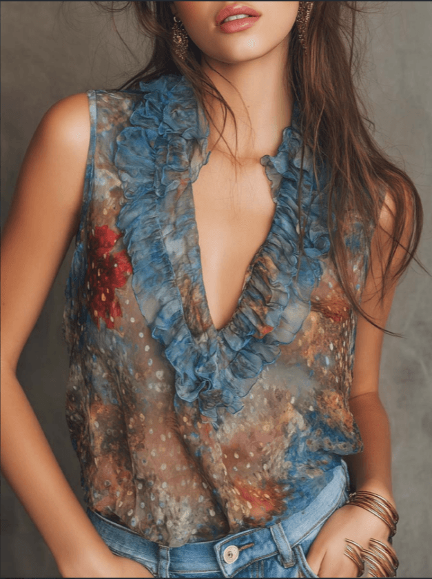 Blue Floral Abstract Print Ruffle Trim V Neck Sheer Sleeveless Blouse