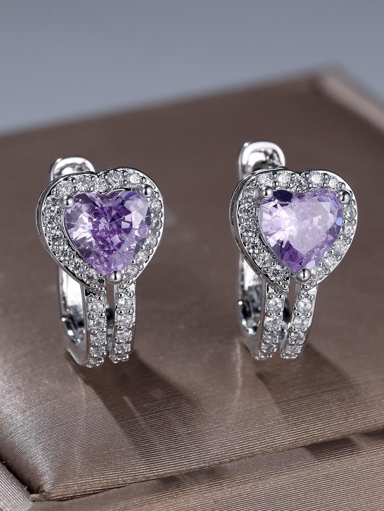 Classic Heart-shaped Hollow-out Ear Clips With Blue Diamonds