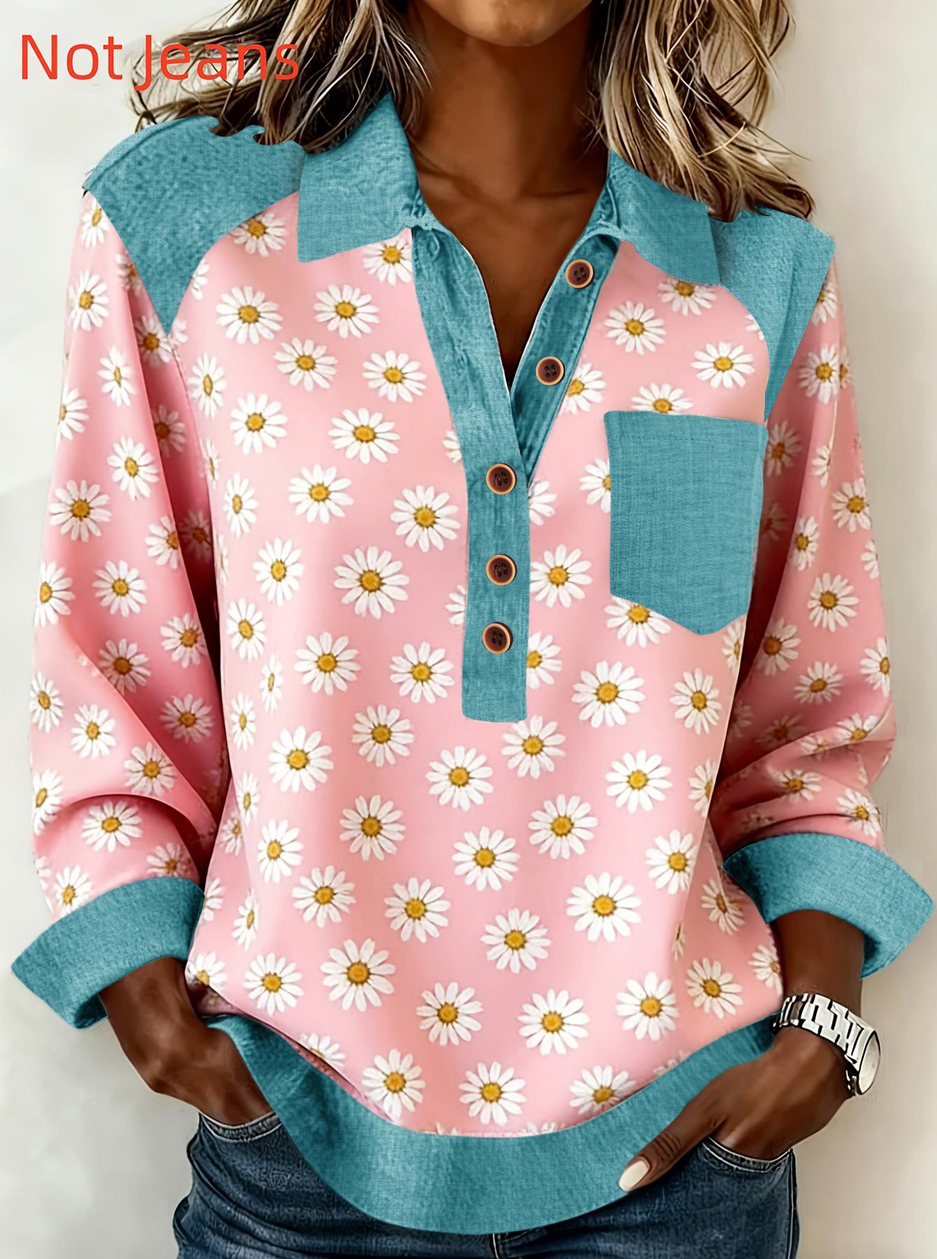Denim Patchwork Collar Button-down Casual Long-sleeved Top