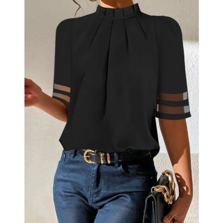Pure Black Pleated Small Turtleneck Fashion Top
