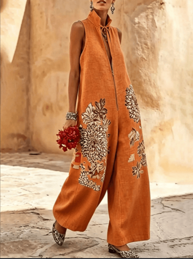 Stand Collar Tie Neck Zip Front Sleeveless Floral Print Linen Wide Leg Jumpsuit