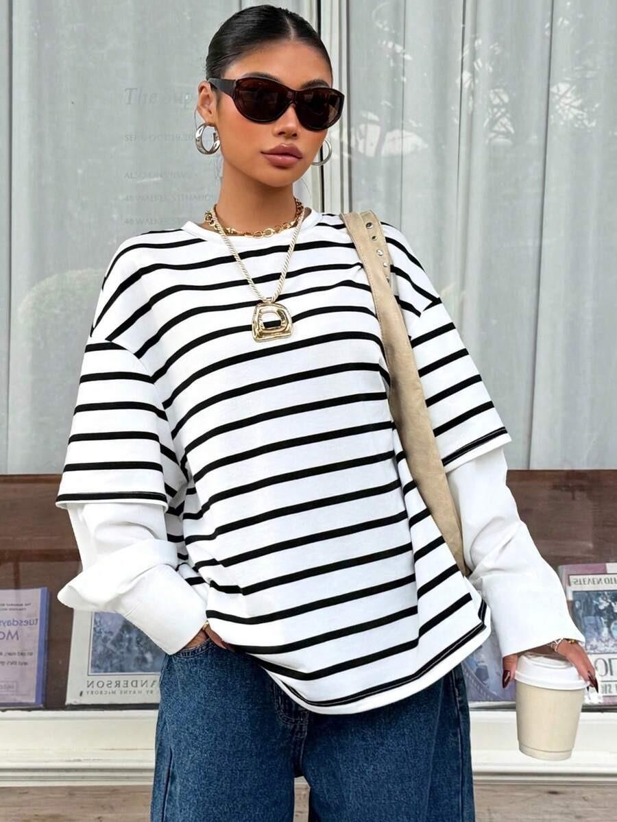 Womens Round-neck Striped Loose-fit Mock Two-piece Hoodie