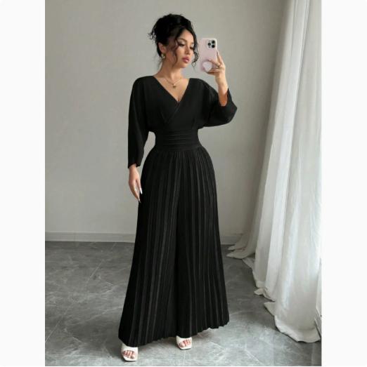 Stylish V-neck High-waist Solid-color Sexy Pleated Jumpsuit