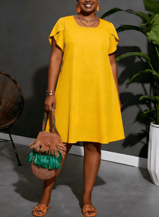 Plus Size Yellow Ruffle Short Sleeve A-Line Mini Dress