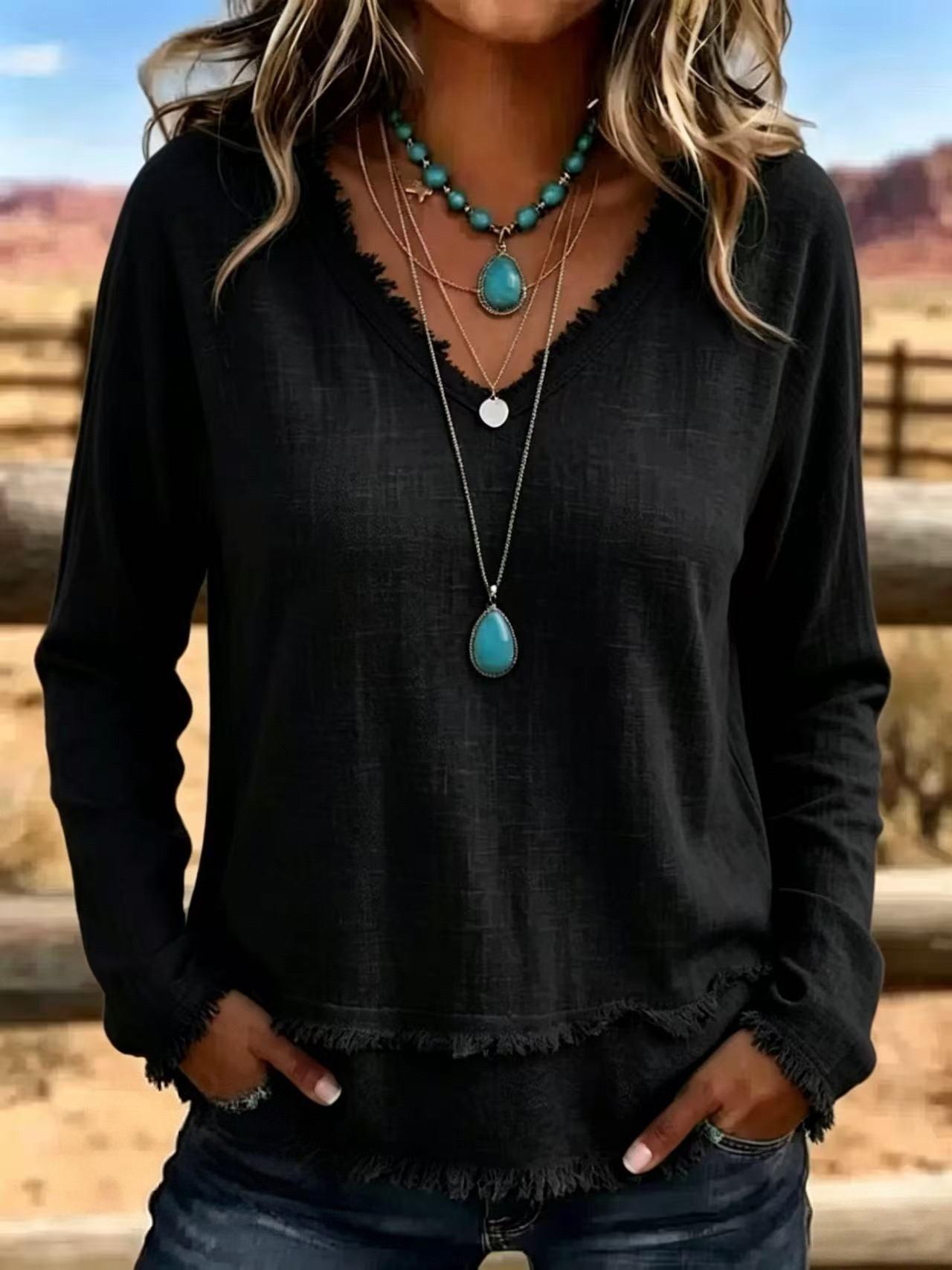 V-Neck Long Sleeve T-Shirt With Tassel Women's Loose Fit Casual Top For Daily Wear Clothing