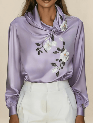 Women's French-style Elegant Satin Printed Turtleneck Long-sleeved Loose-fitting Shirt