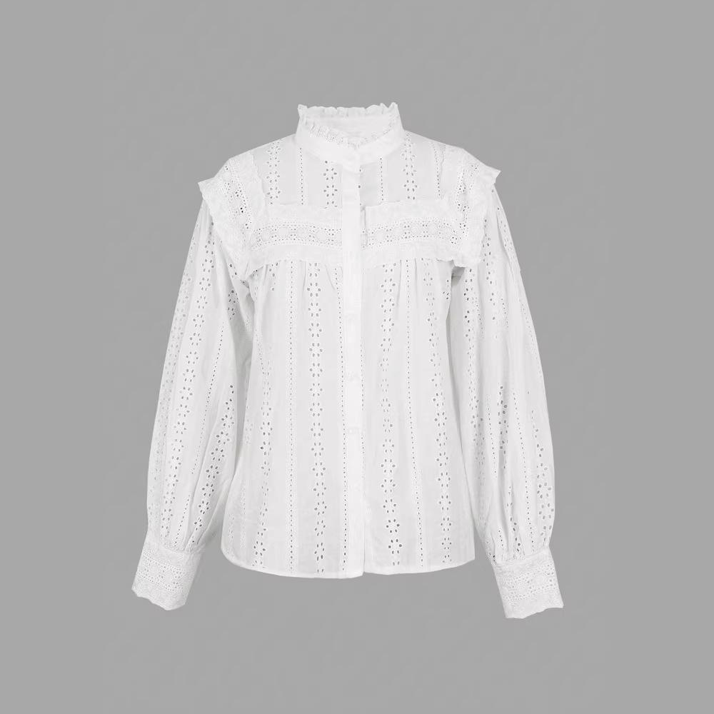 Resort-Style Solid-Color Hollow-Out Embroidered Womens Top