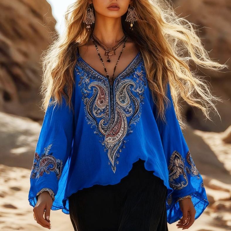 V-neck, Bell Sleeves, Casual, Flowy Long-sleeved Top