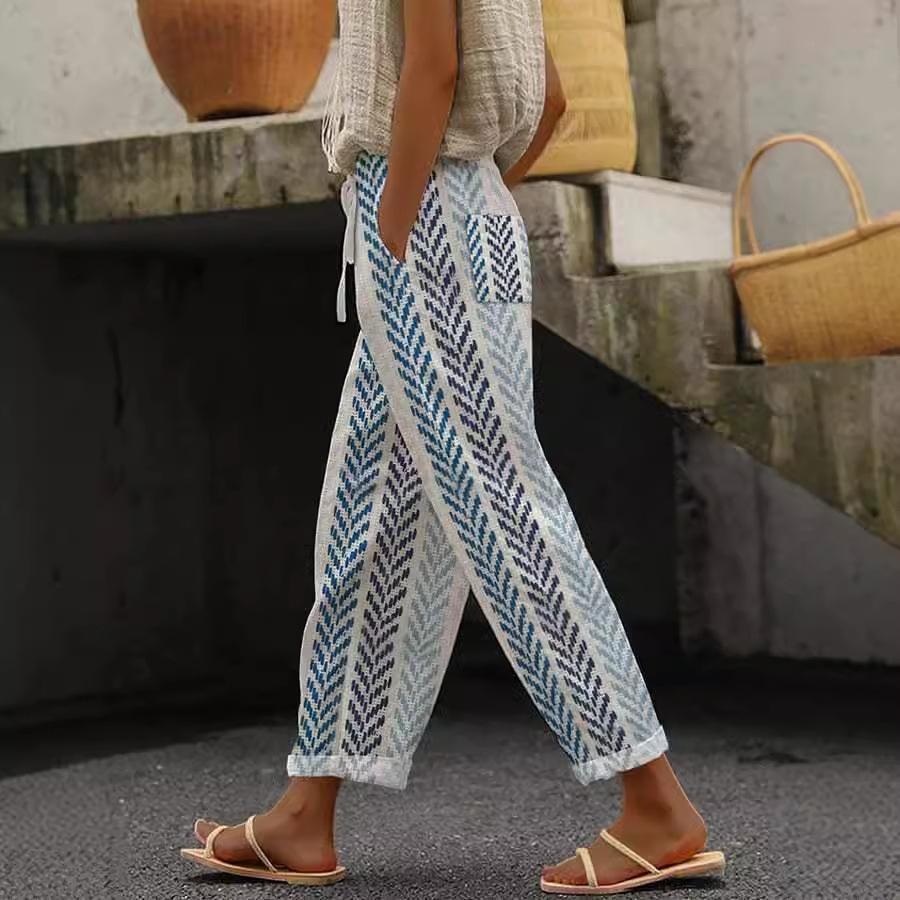 Drawstring Pocket Striped Print Casual Pants