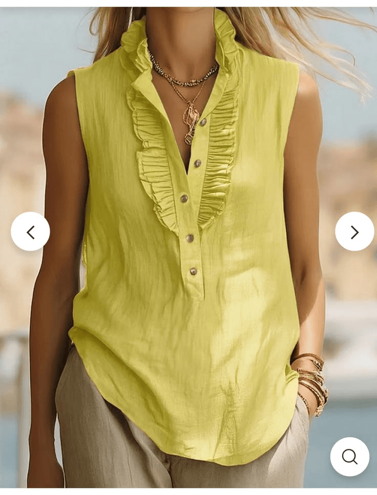 Women's Ruffle Trim Sleeveless Blouse V Neck Button Front Casual Summer Tank Top