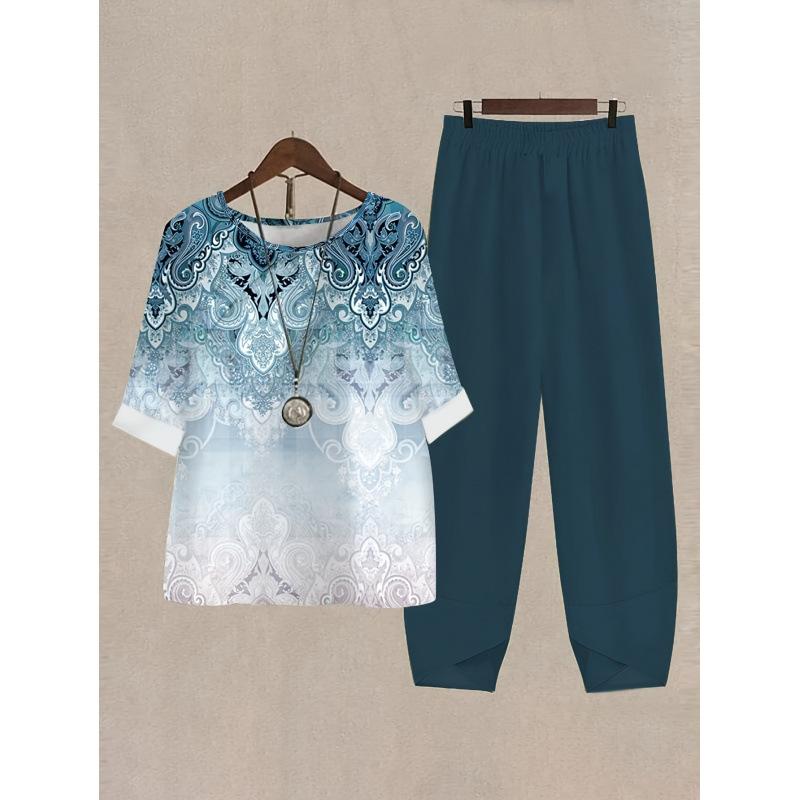 Womens Fashionable Printed Relaxed-fit Short-sleeve Set