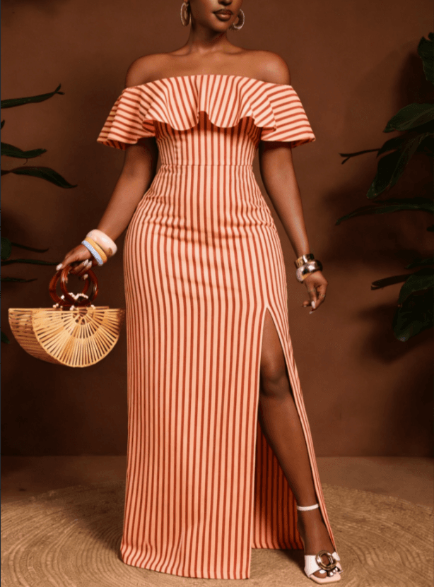 Off Shoulder Ruffle Striped Maxi Dress
