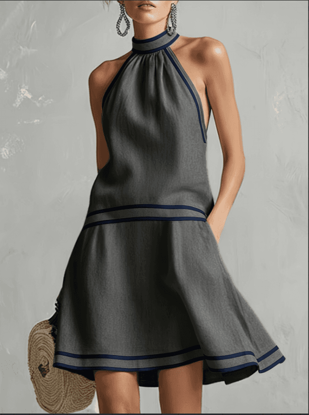 2026 Summer New American Retro Style Hanging Neck Contrasting Striped A-line Short Dress