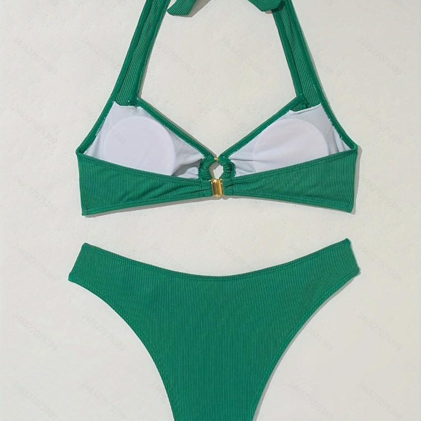 Contrast-color Crossover Halter Top And Bikini Shorts
