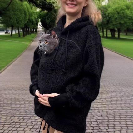 Ladies Warm Pet Pouch Hoodie With Kangaroo Pocket For Cats