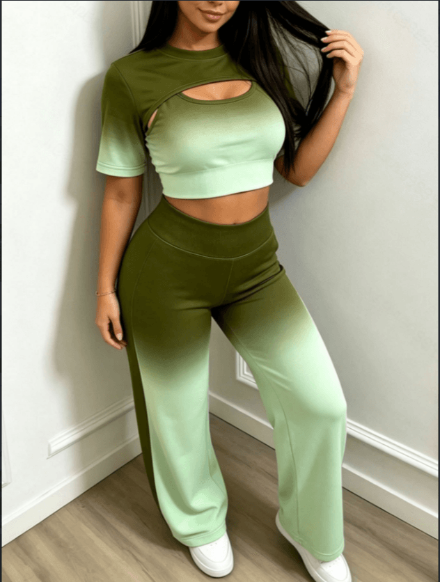 Gradient Cutout Short Sleeve Crop Top And Wide Leg Pants Two Piece Set