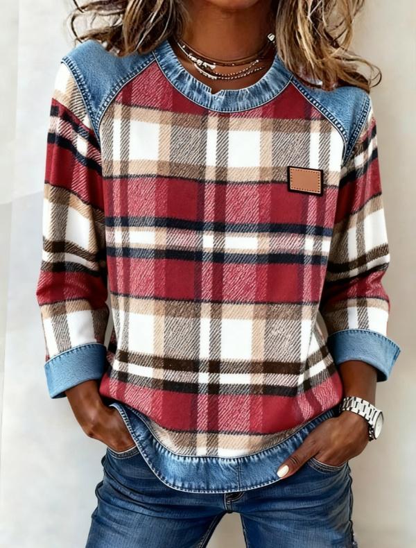 Plaid Denim Patchwork Round Neck Casual Long-sleeved Top