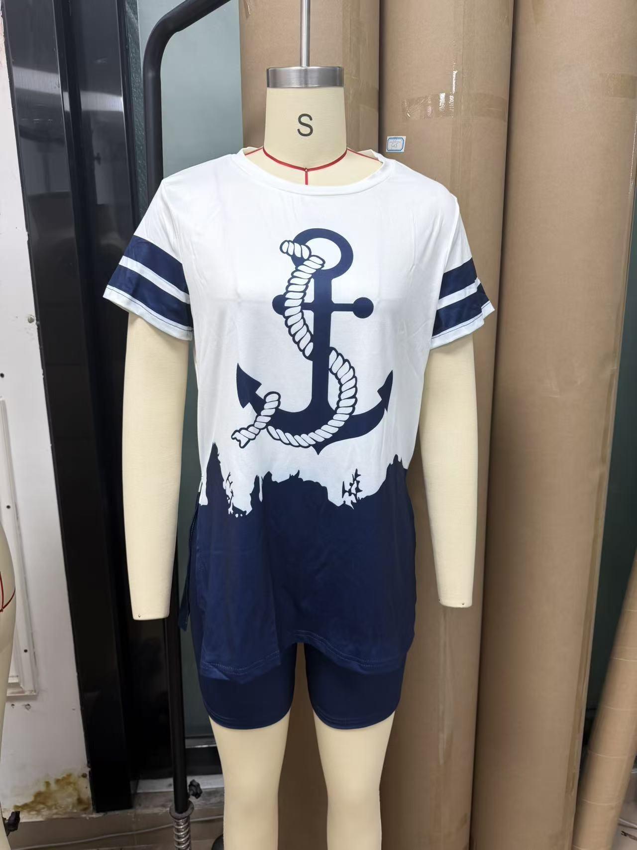 Cross-Border Casual Resort-Style Printed Crew-Neck Short-Sleeve Shorts Set