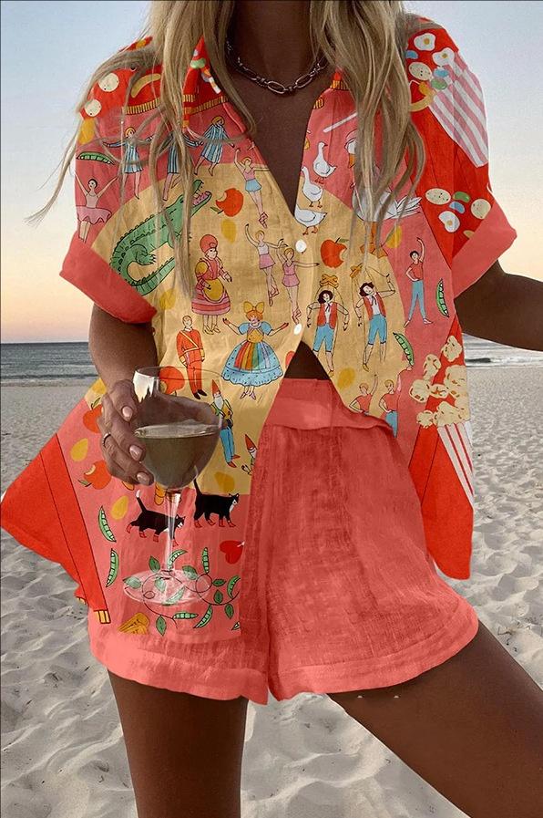 Women's Fashion Printed Casual Vacation Style Cardigan Shorts Suit